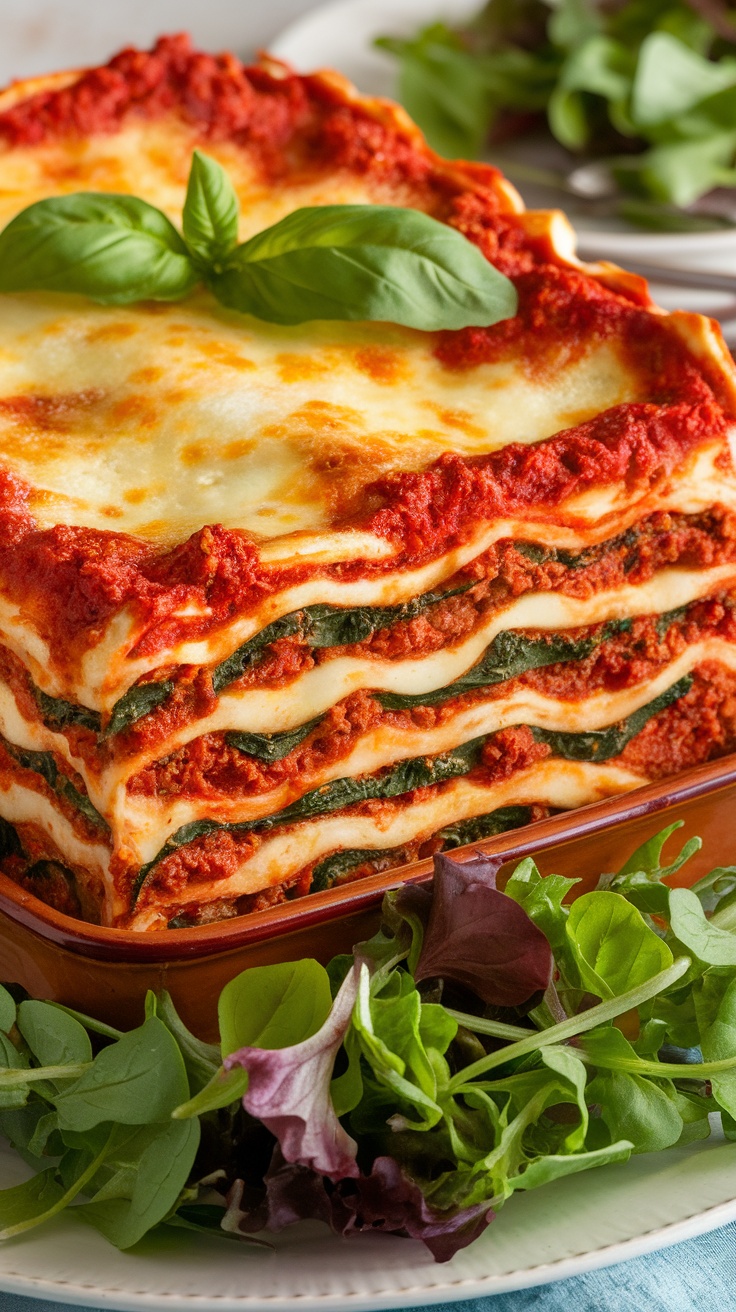 Layered lasagna with meat sauce, spinach, ricotta, and melted cheese, garnished with basil on a wooden table.
