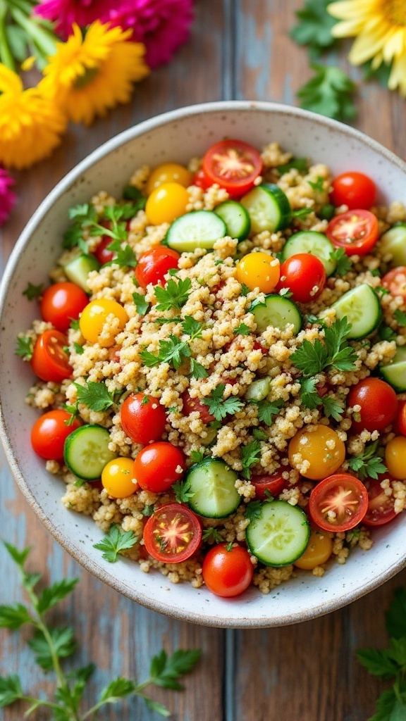 A colorful quinoa salad with tomatoes, cucumbers, and herbs on a rustic table, representing a healthy spring dish.