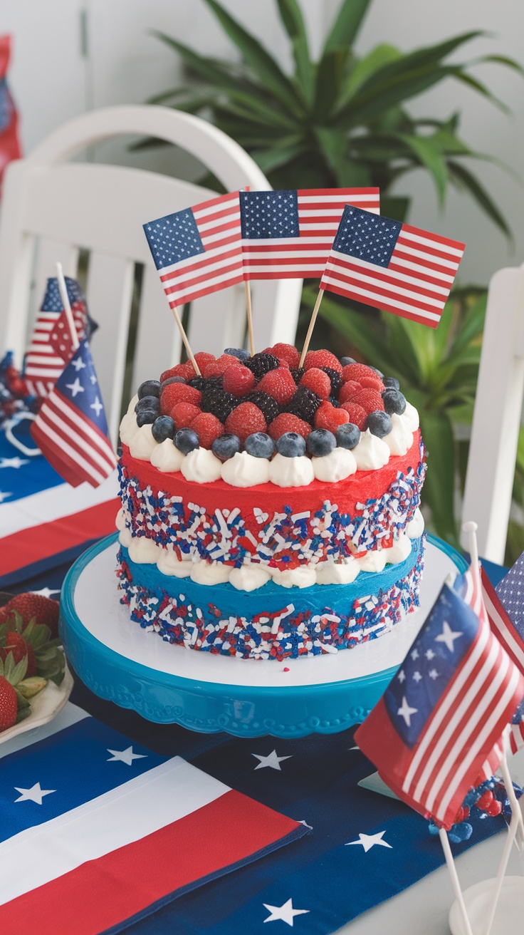 A three-layer red, white, and blue cake with fresh berries on top, set on a festive table for Independence Day.