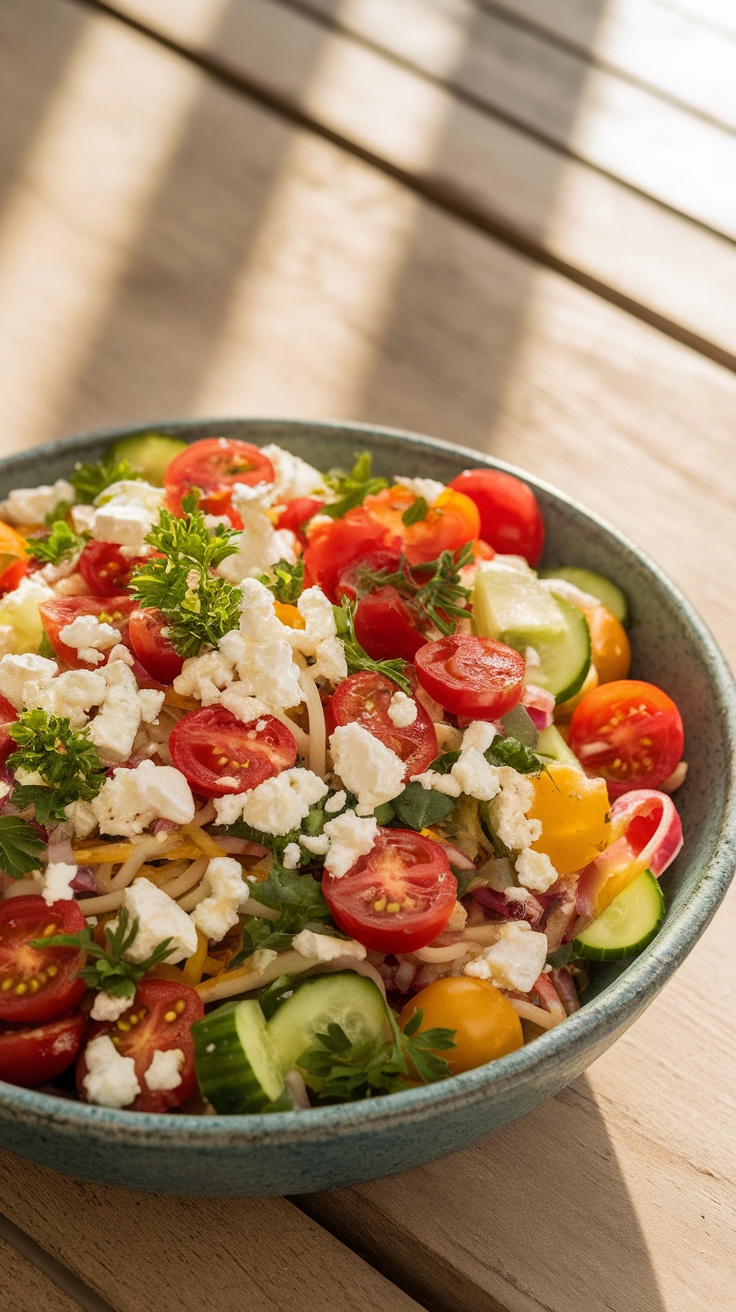 A bowl of Mediterranean noodle salad with tomatoes, cucumber, feta, olives, and parsley on a wooden table.