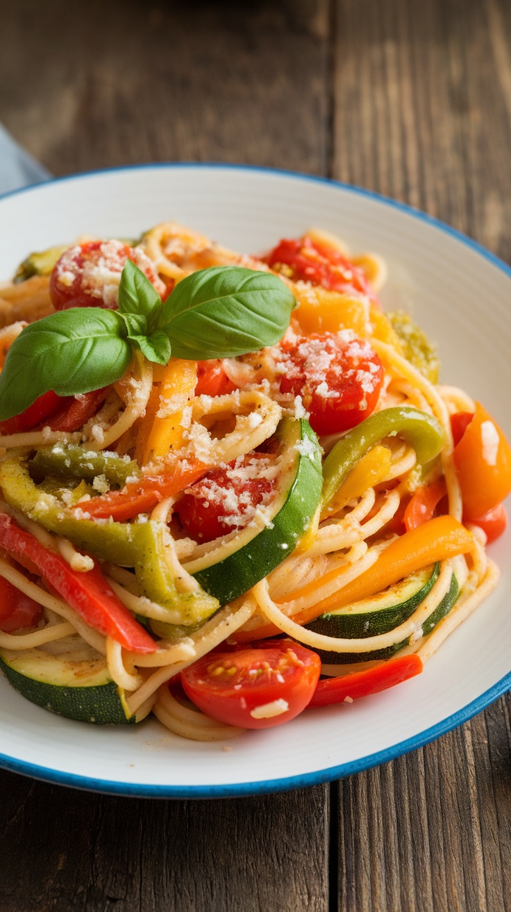 A plate of vegan pasta primavera with colorful vegetables and basil, served on a rustic wooden table.