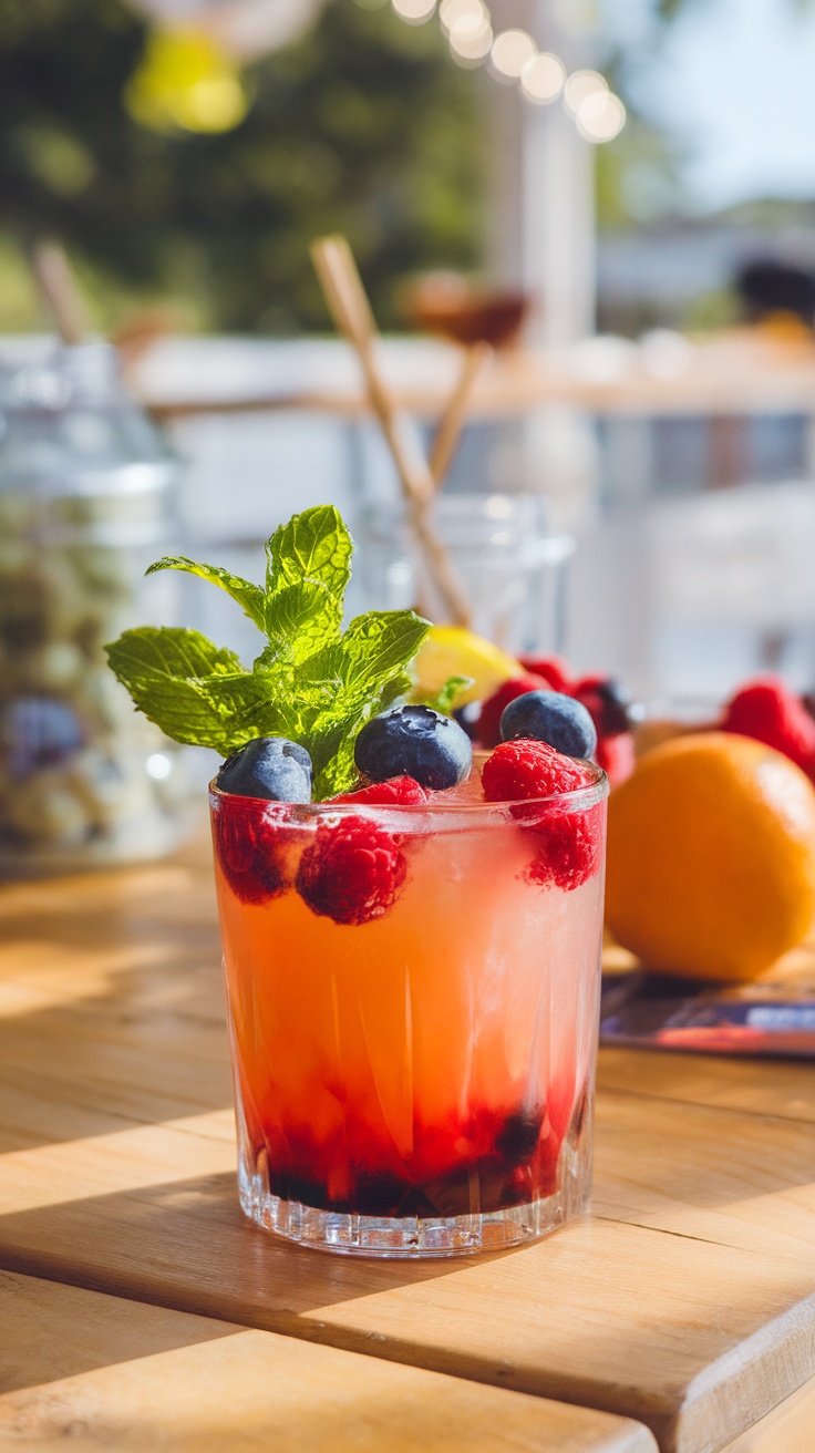 A colorful citrus and berry summer mocktail in a glass, garnished with mint leaves and berries, set on a sunny outdoor table.