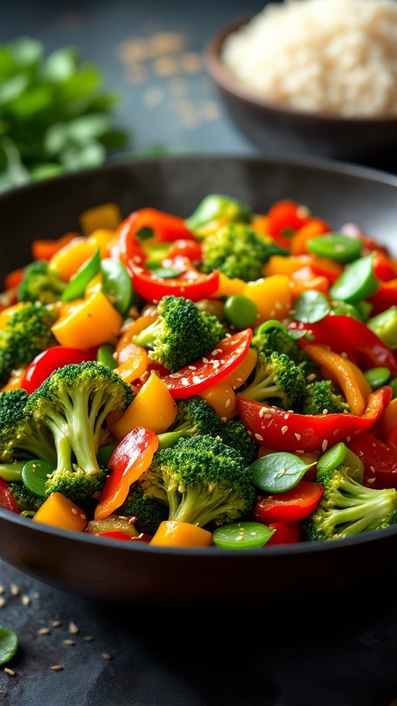 A colorful vegetable stir-fry with broccoli, bell peppers, and snap peas in a wok, served with rice.
