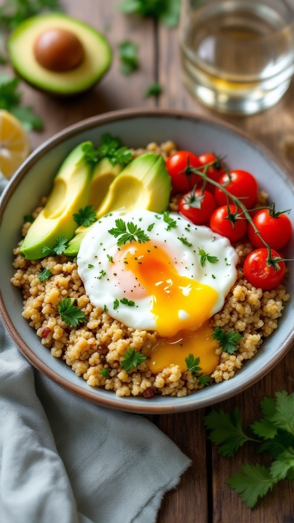 A colorful quinoa breakfast bowl with avocado, poached egg, and herbs on a wooden table.