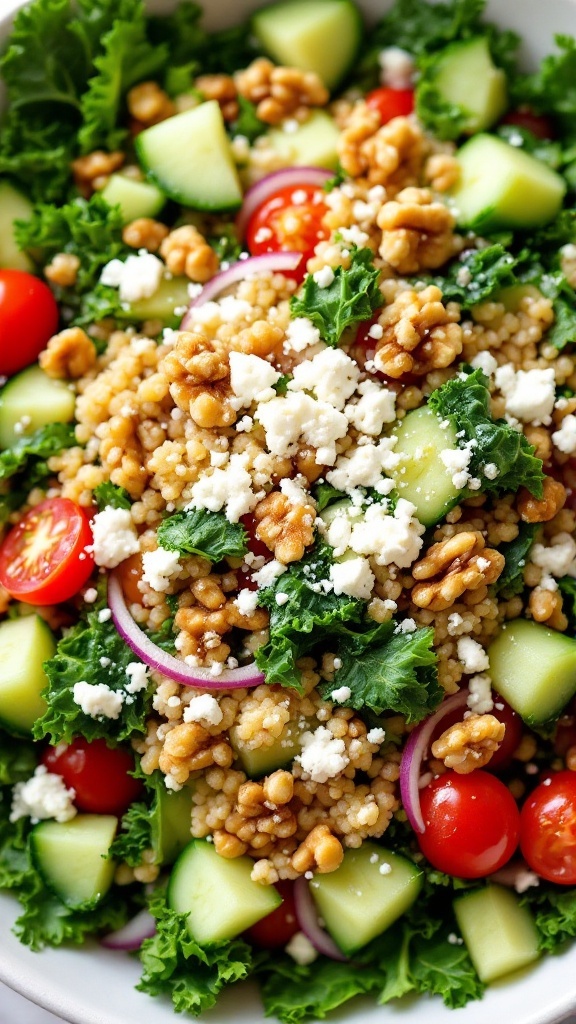 A vibrant quinoa and kale salad with cherry tomatoes, cucumber, red onion, feta, and walnuts in a bowl.
