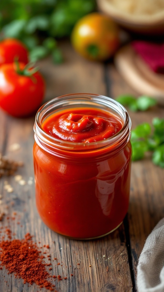 A jar of homemade ketchup surrounded by fresh tomatoes and spices on a rustic table.