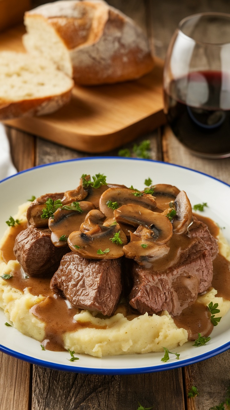 Tender beef tips in mushroom gravy over mashed potatoes, garnished with parsley on a rustic table.
