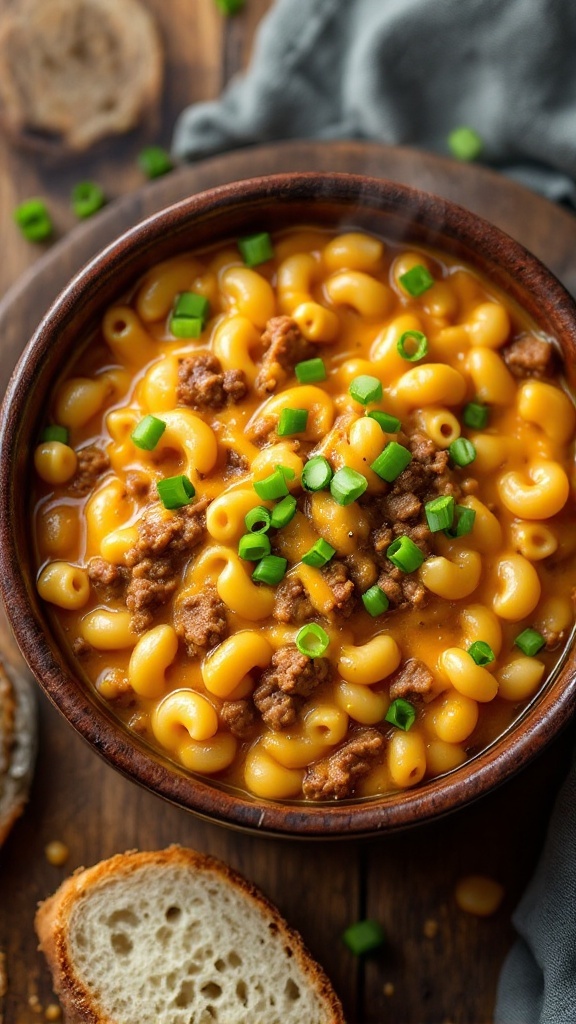 Bowl of cheeseburger macaroni soup with ground beef, macaroni, cheese, and green onions on a wooden table.