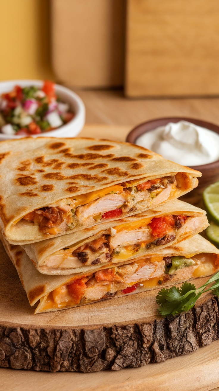 Crispy chicken quesadilla wedges with melted cheese and colorful fillings, served with salsa and sour cream.