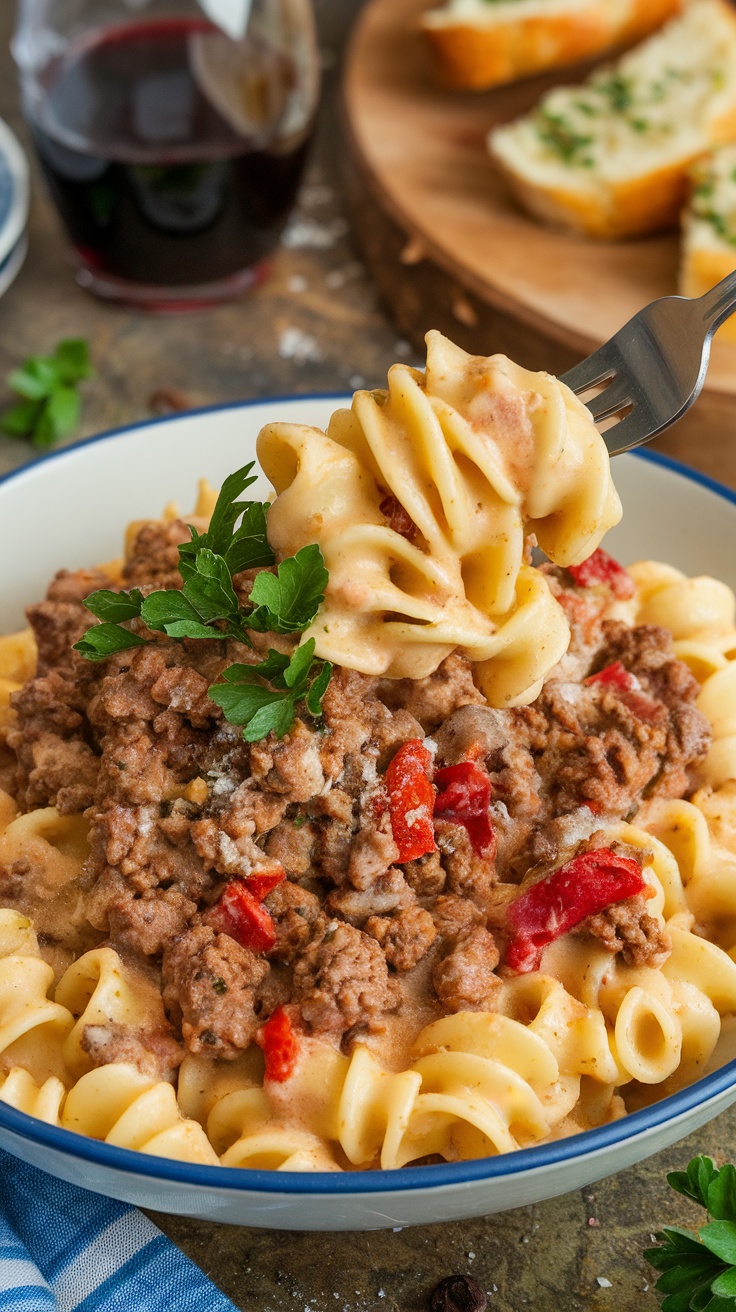 Creamy pasta with meat and cream cheese garnished with parsley on a rustic table.