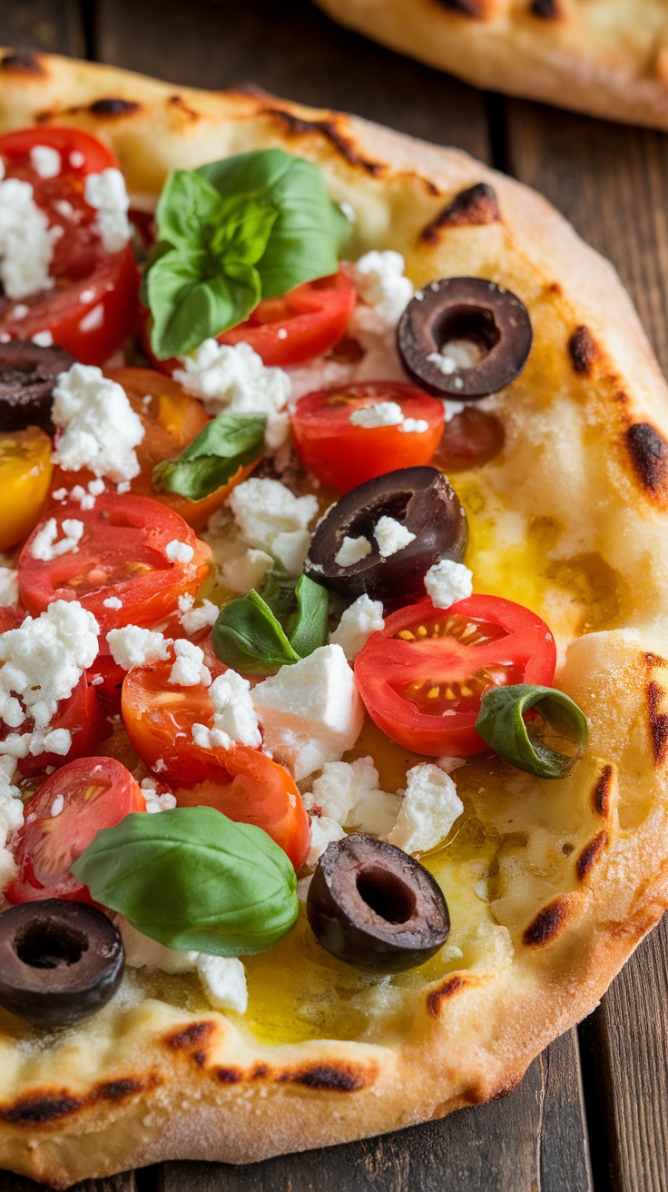 Crispy Mediterranean flatbread pizza topped with cherry tomatoes, olives, feta cheese, and basil on a wooden table.