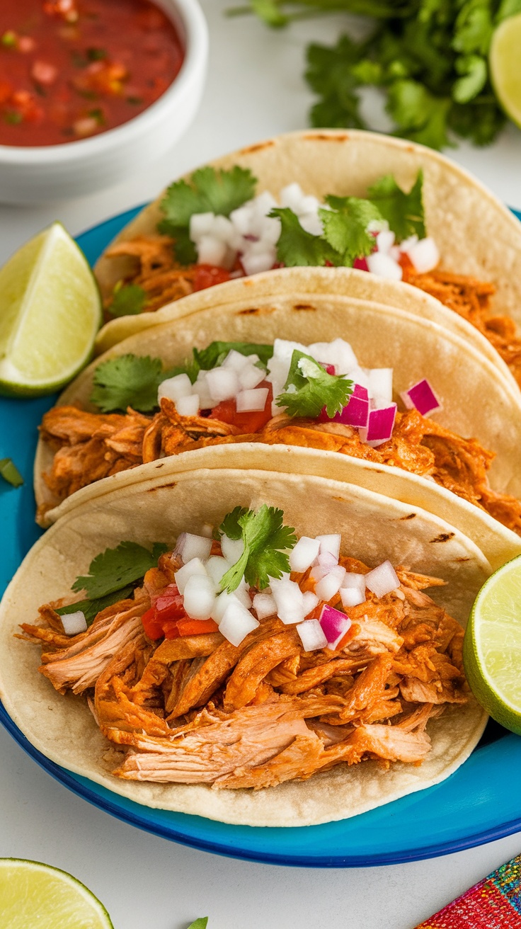 Spicy pulled chicken tacos topped with onions and cilantro, served with lime and salsa on a bright plate.