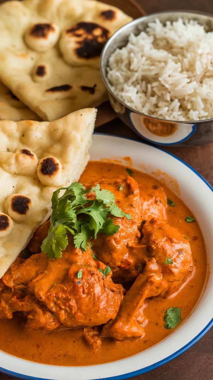 Delicious butter chicken served with naan and rice, garnished with cilantro.