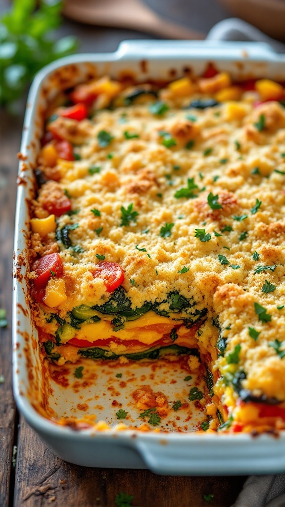 A hearty vegetarian casserole with layers of vegetables and a golden breadcrumb topping, garnished with herbs.