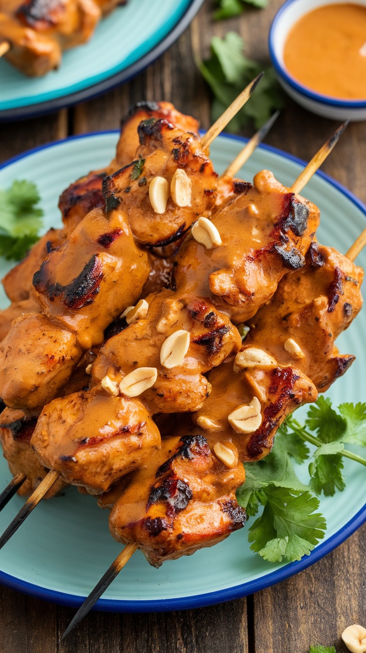 Grilled chicken skewers drizzled with peanut sauce, garnished with cilantro and peanuts on a rustic table.