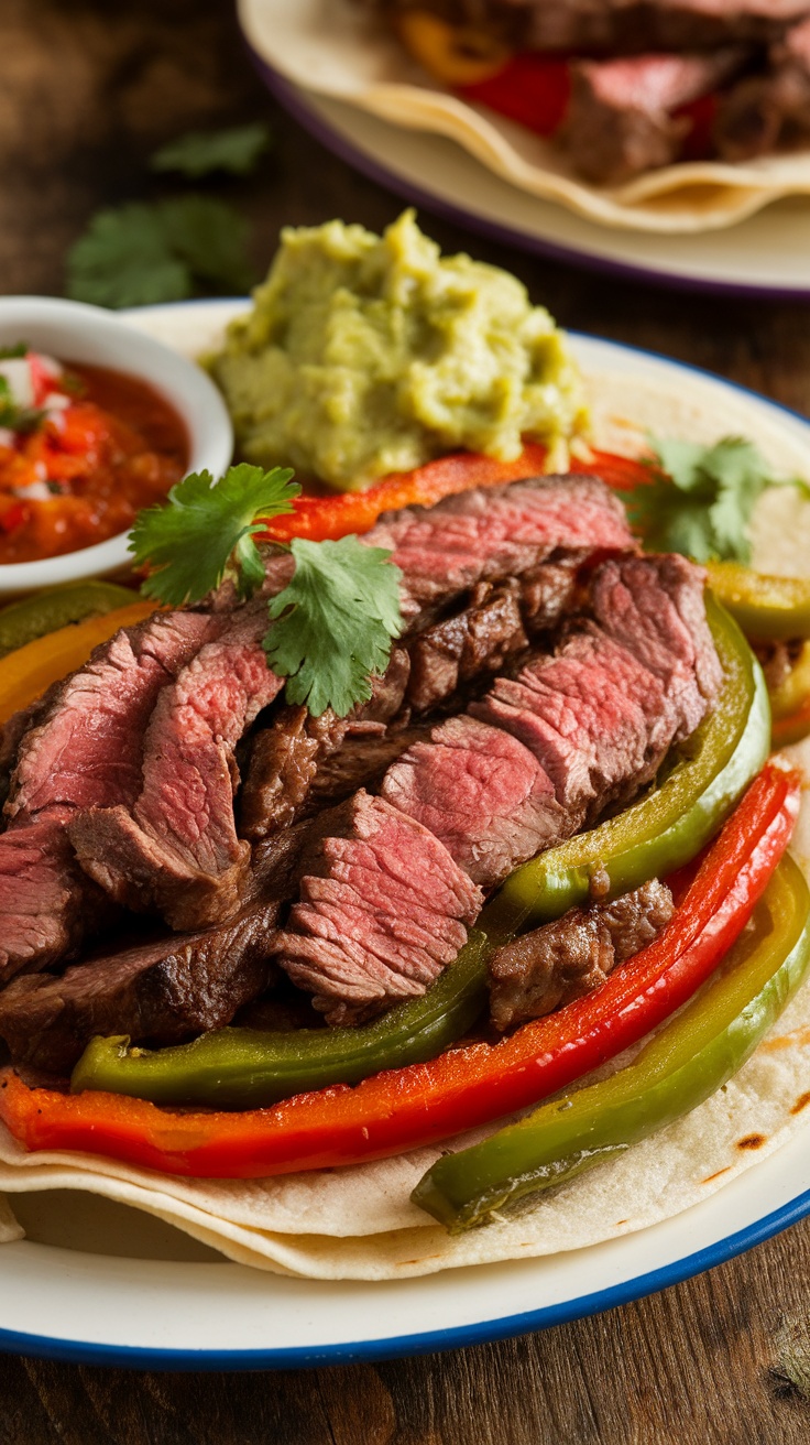 Sizzling steak fajitas with colorful peppers and onions, served in warm tortillas with guacamole and salsa.