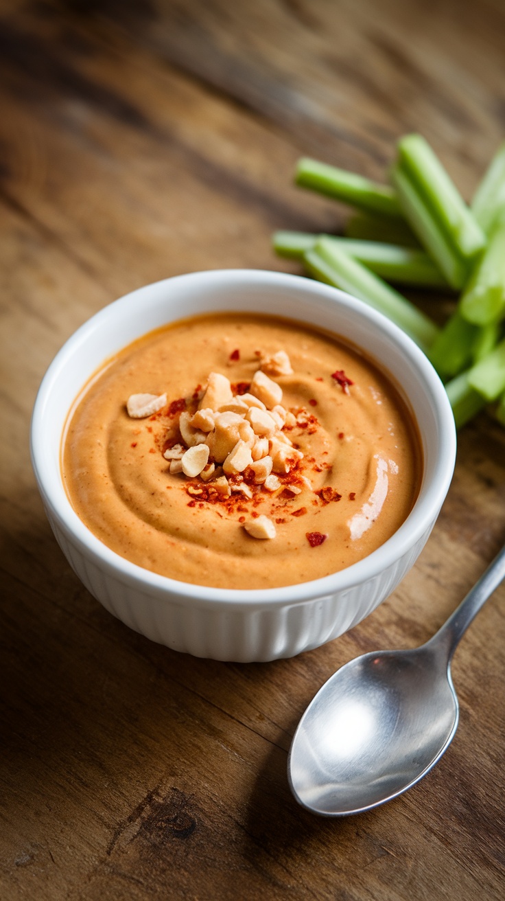 A bowl of Thai peanut sauce garnished with peanuts and chili flakes, served with vegetables on a rustic table.