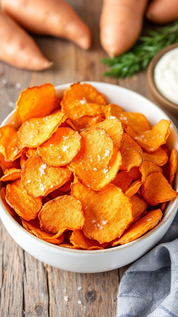 A bowl of crispy sweet potato chips with a side of dip on a rustic table.