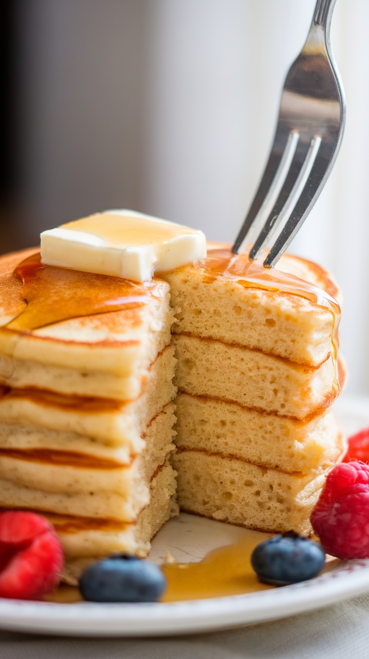 A stack of golden buttermilk pancakes topped with butter and syrup, surrounded by fresh berries.