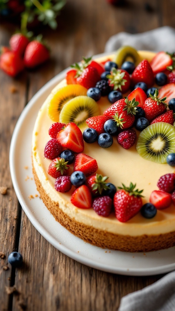 A creamy cheesecake topped with fresh fruits like strawberries and blueberries on a rustic wooden table.