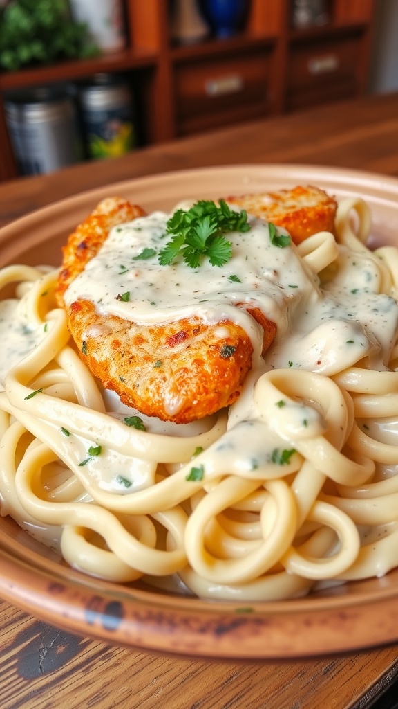 Creamy chicken Alfredo pasta with fettuccine, topped with sliced chicken and parsley, served in a rustic bowl.