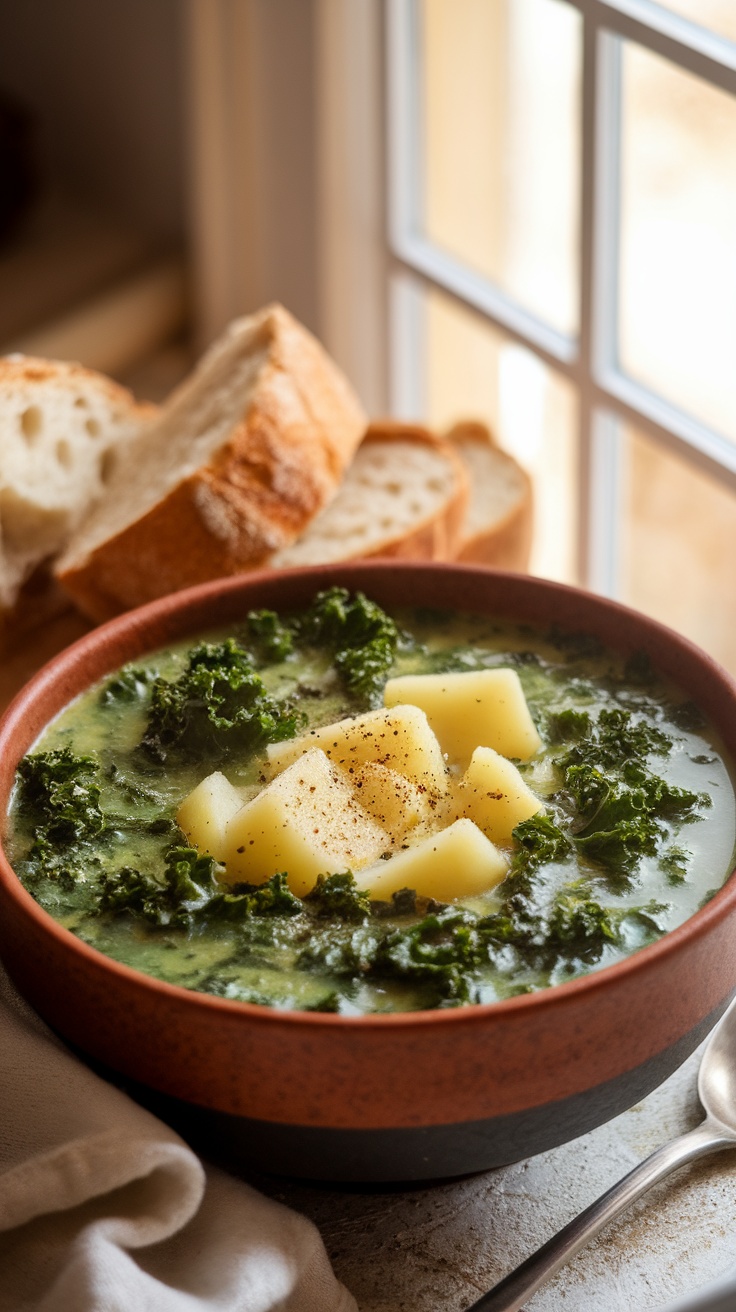 A bowl of hearty kale and potato soup garnished with black pepper and served with crusty bread.