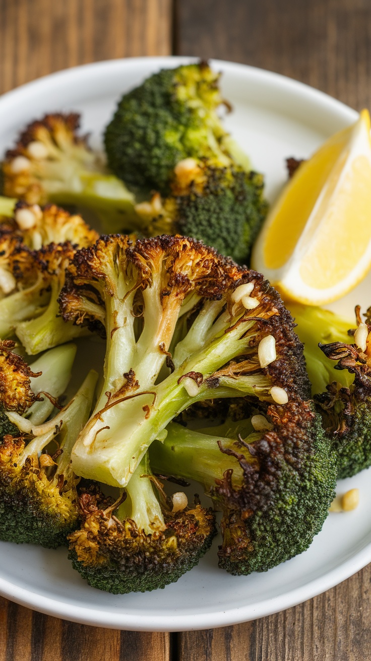 A delicious serving of roasted broccoli with garlic and lemon on a wooden table.