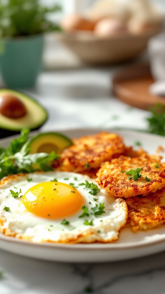 Crispy air fryer hash browns on a plate with a sunny-side-up egg and avocado slices, in a bright kitchen.