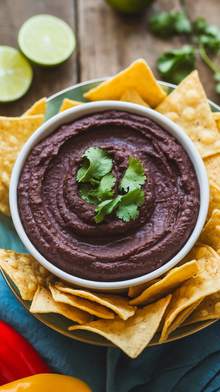 A bowl of creamy black bean dip garnished with cilantro, surrounded by tortilla chips and fresh lime on a wooden table.
