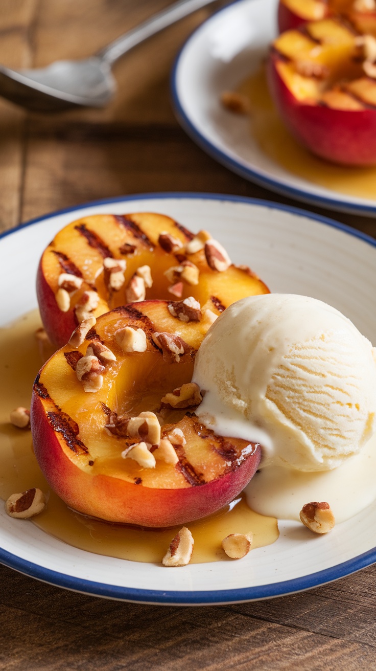 Grilled peaches with honey and vanilla ice cream on a rustic table.