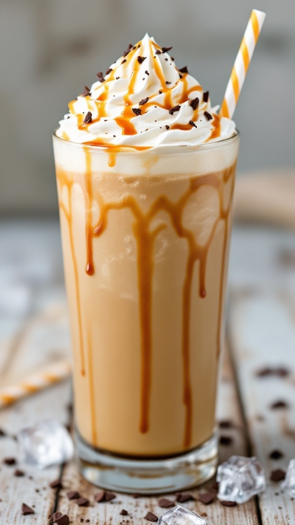 A refreshing glass of iced caramel coffee topped with whipped cream and caramel syrup.