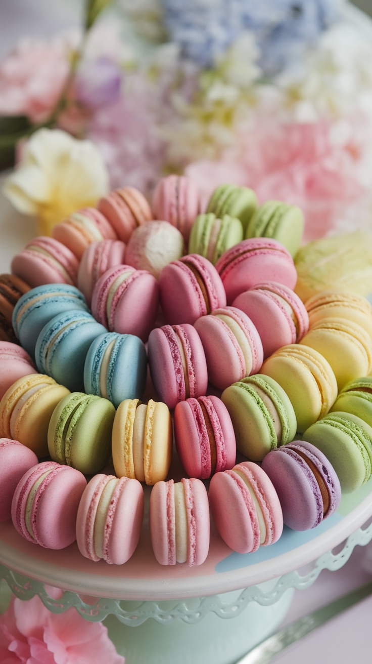 A vibrant assortment of colorful French macarons in various shades, displayed on a platter with a floral background.