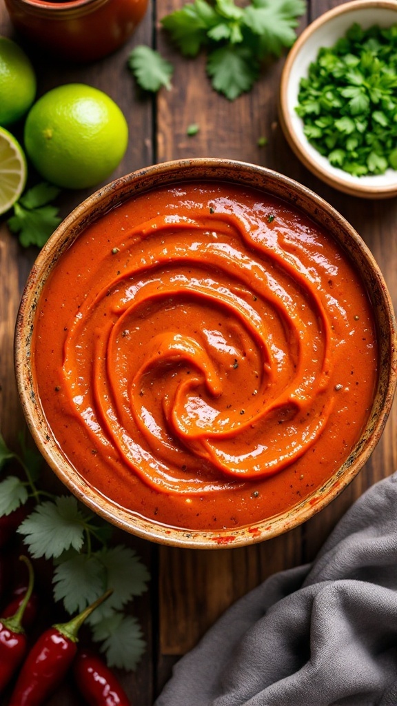Creamy chipotle sauce in a bowl, with limes and chipotle peppers in adobo on a rustic table.