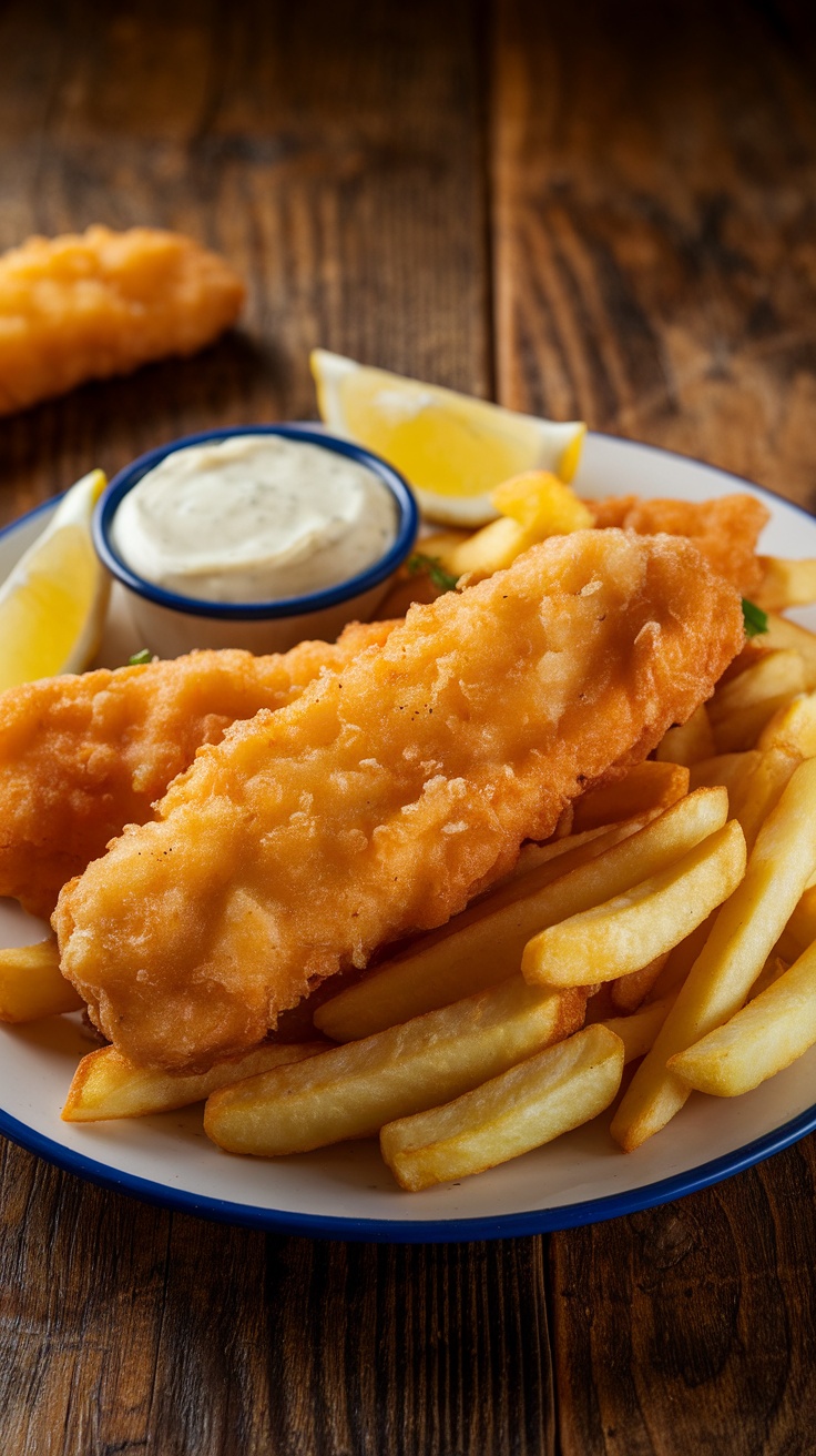 Crispy fish fillets and thick chips served with a lemon wedge and tartar sauce on a rustic table.