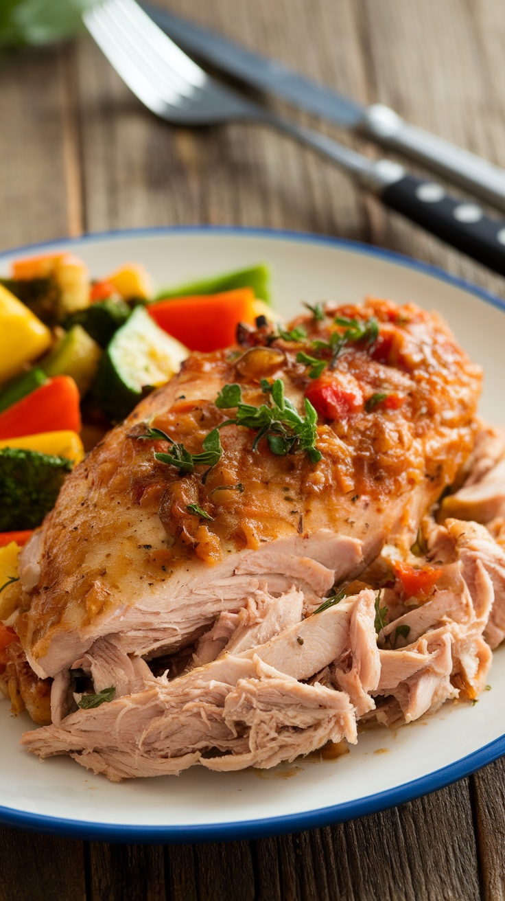 Tender shredded chicken breast with herbs on a plate, alongside colorful sautéed vegetables.