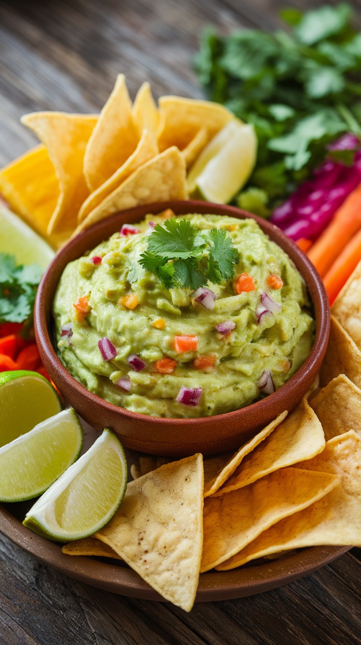 A bowl of creamy guacamole with tortilla chips and lime wedges on a rustic table.