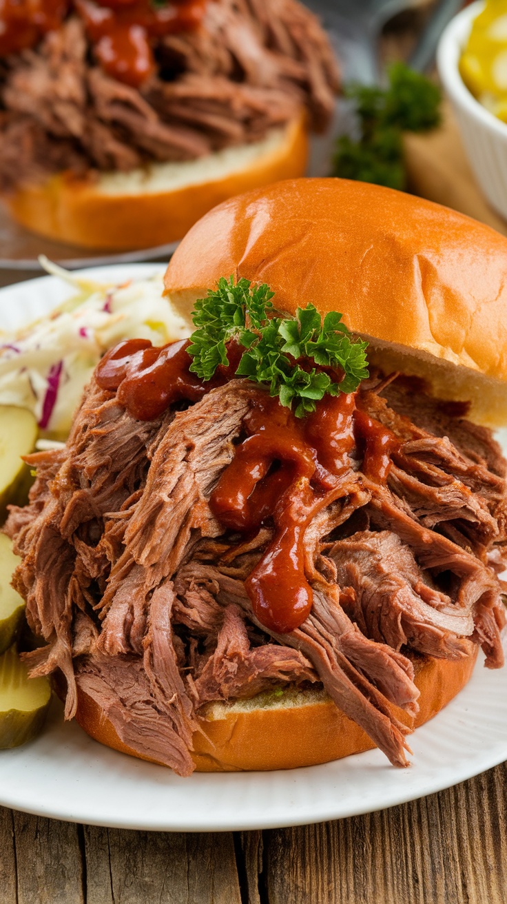 Tender pulled beef chuck roast on a bun with barbecue sauce and coleslaw on a rustic table.