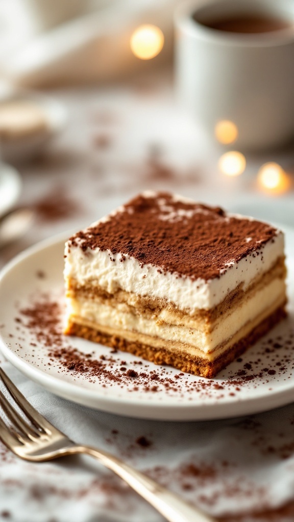 A slice of classic Tiramisu layered with coffee-soaked ladyfingers and mascarpone, garnished with cocoa powder.