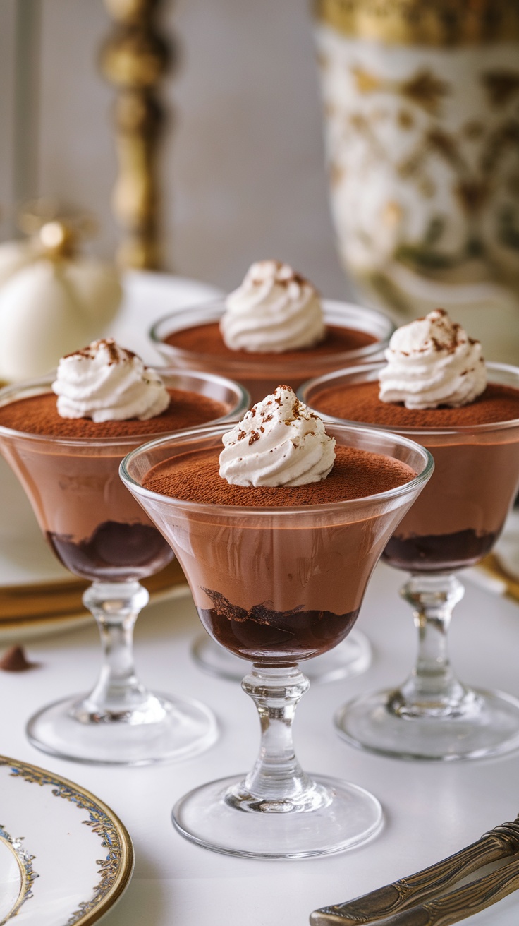 Decadent chocolate mousse topped with whipped cream and cocoa powder in elegant glass cups.