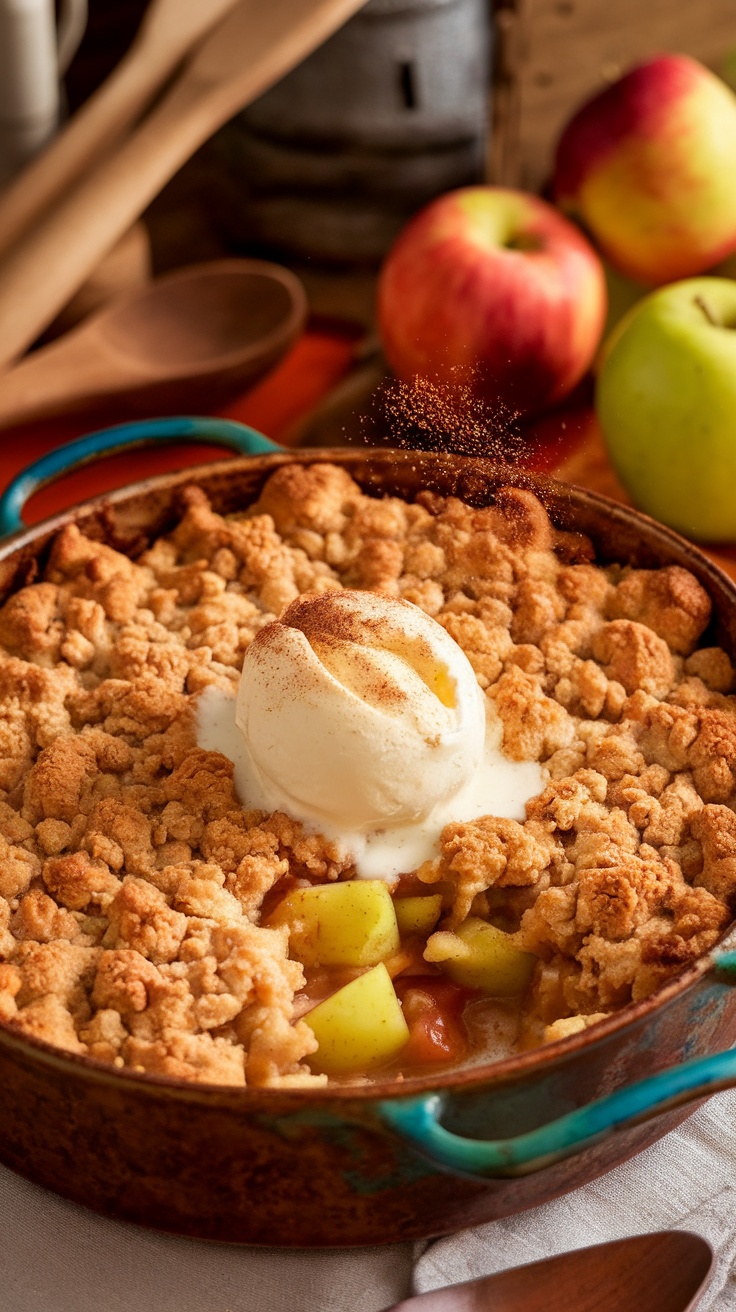 A golden brown apple crumble topped with ice cream, served in a rustic dish on a wooden table.