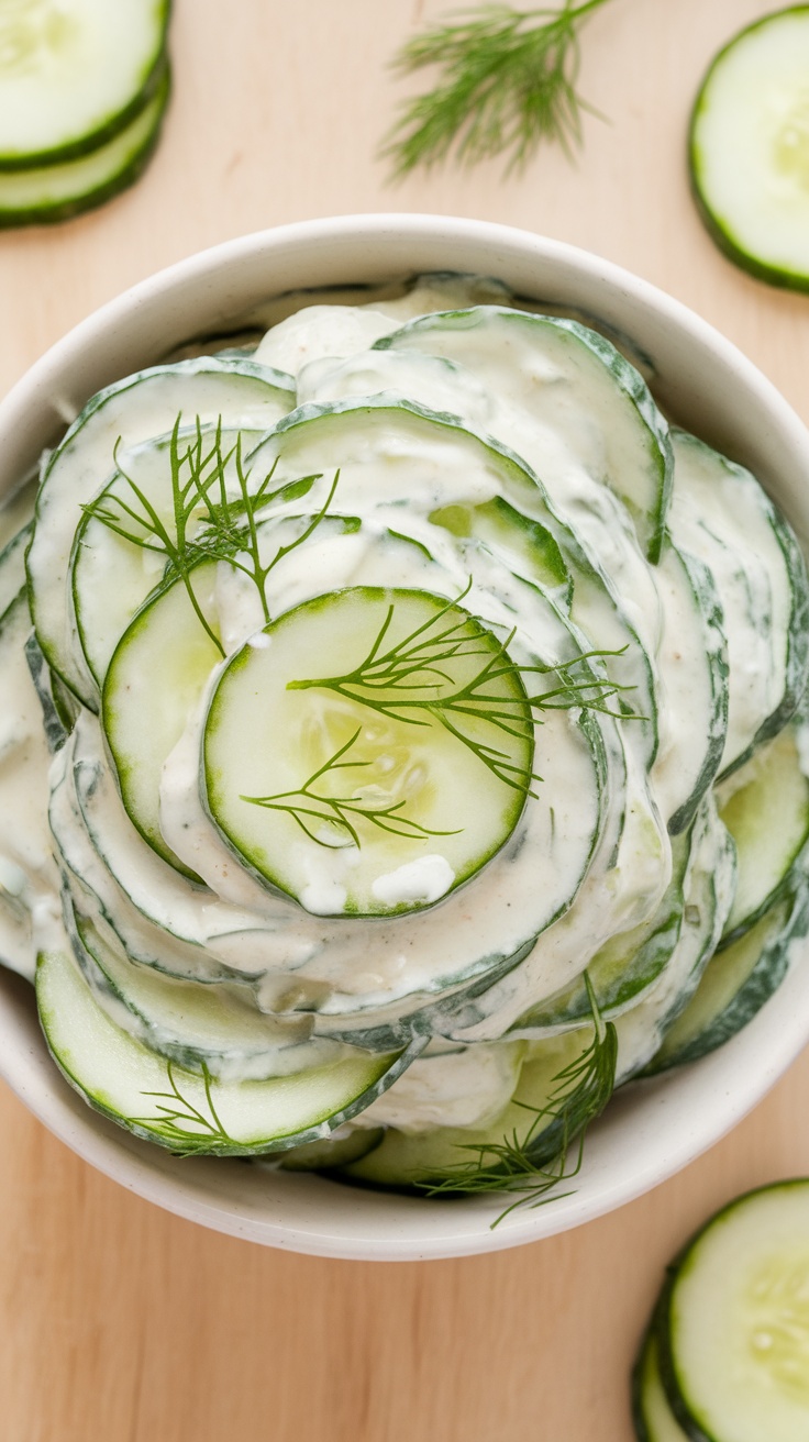 A bowl of creamy cucumber salad with dill on a wooden table, garnished with fresh herbs.