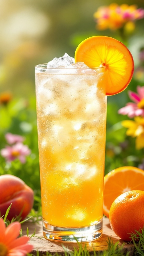 A refreshing summer cocktail with peach and orange garnishes on a sunny outdoor table.