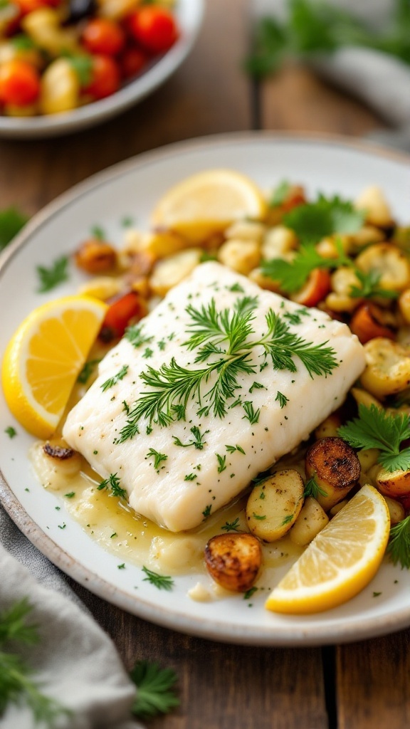 Baked cod fillets garnished with herbs and lemon wedges on a white plate with roasted vegetables on the side.