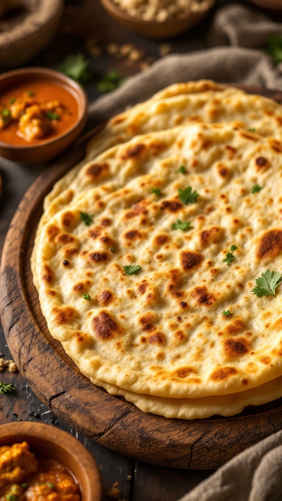 Freshly made Indian flatbread on a wooden plate with curry and chutney.