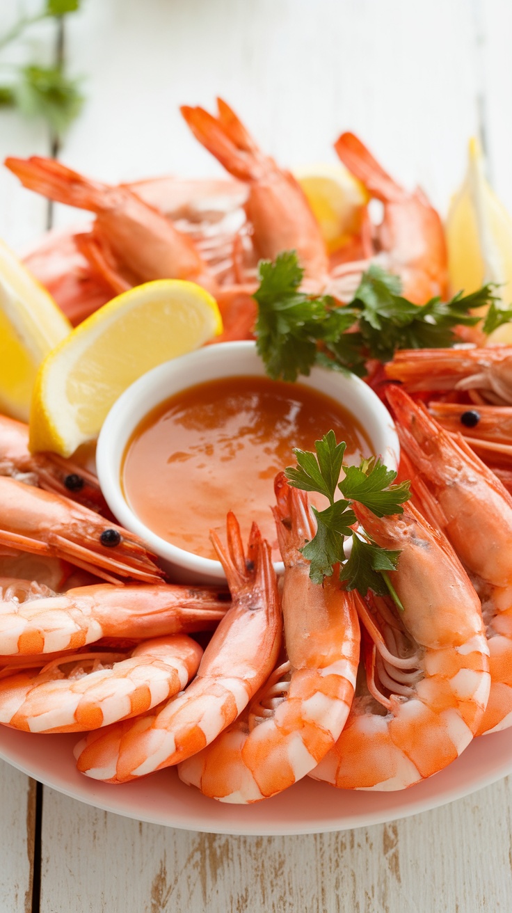 A colorful shrimp cocktail platter with shrimp and cocktail sauce, garnished with lemon and parsley on a rustic table.