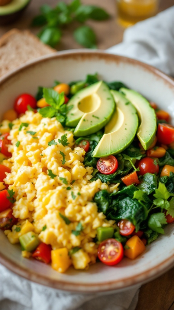 A colorful breakfast bowl with scrambled eggs, spinach, bell peppers, tomatoes, and avocado on a rustic wooden table with toast.