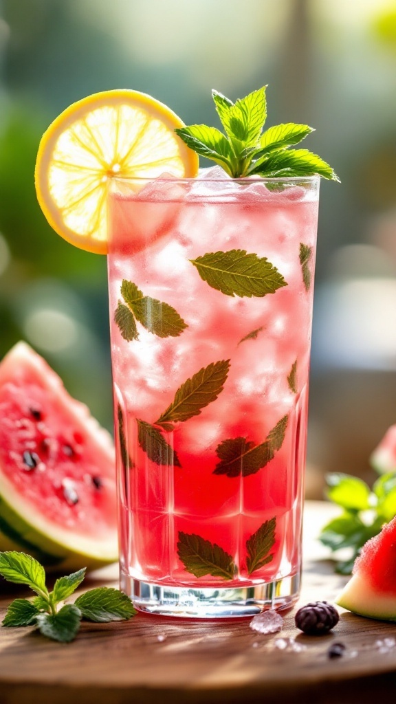 Refreshing watermelon mint lemonade in a glass, garnished with mint and lemon, on a rustic table with watermelon slices.