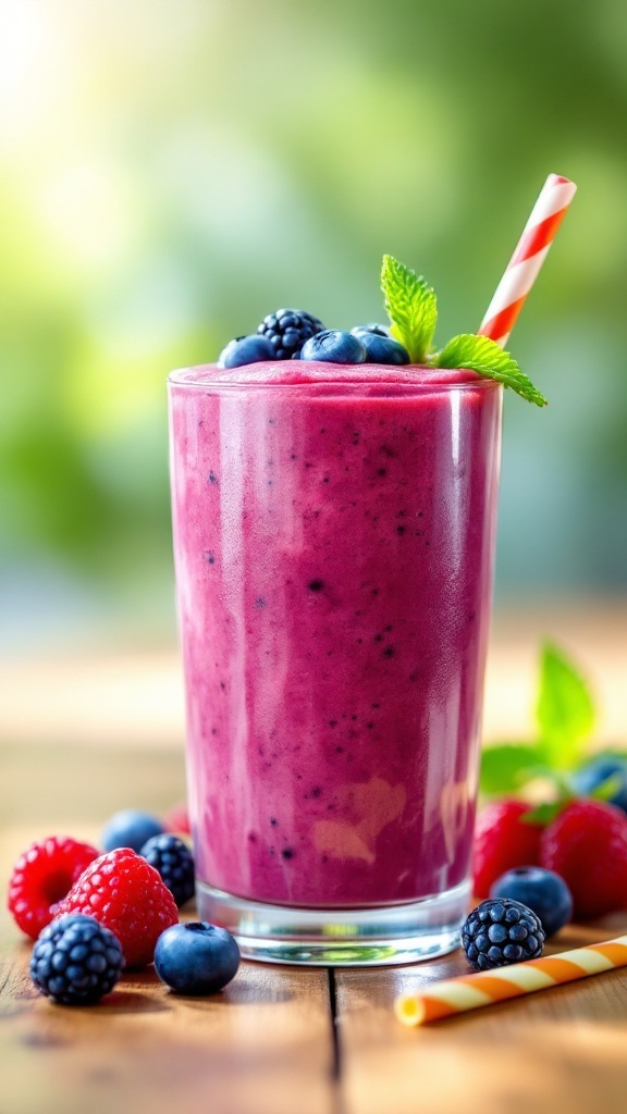 A berry smoothie in a clear glass with fresh berries on top, brightened by sunlight.