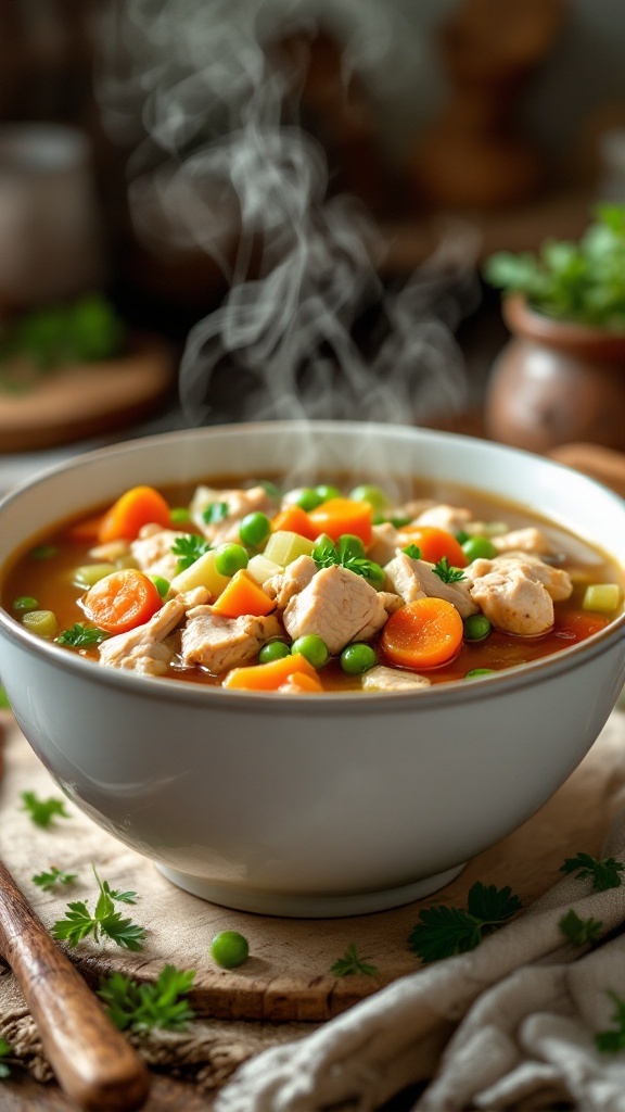 A bowl of chicken vegetable soup with chicken, carrots, peas, and celery in broth, garnished with parsley.