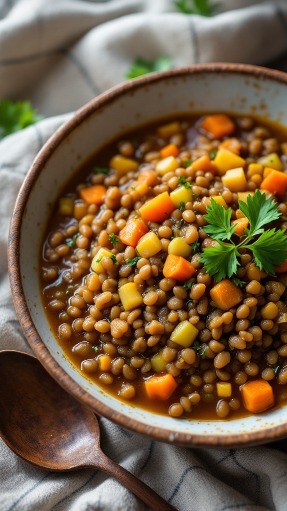 A hearty bowl of lentils with vegetables, garnished with parsley, on a rustic table.